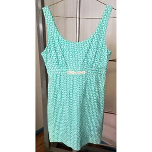 Skirtin Around Knit Dress Front Turquoise White Quatrefoil Print Sz 10 MSRP $176